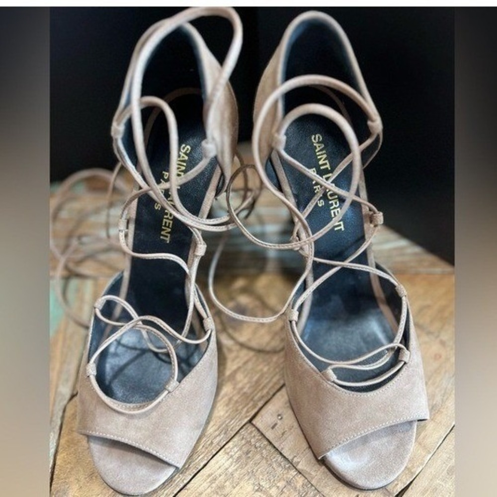 Saint Laurent Suede Lace Up 4" Heels Open Toe Tan Sandals Size 36/ US 6 - Picture 11 of 11